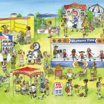 Illustration of fun fair with booths and lots of people