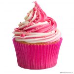 Photo of cupcake in pink wrapper with pink-and-white frosting
