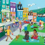 Illustration of busy street near park and water showing various everyday sounds (store bell, bicycle bell, dog barking, ship horn, etc.)