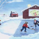 Illustration of two children playing hockey in backyard ice rink with two children watching