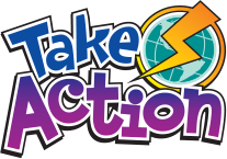 Take Action logo with globe and lightning bolt